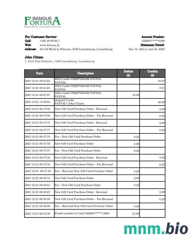 Luxembourg Fortuna Banque Bank dowód adresu szablon oświadczenia w formacie Word i PDF,.doc i .format pdf
